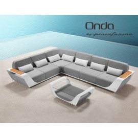 SET SALA ESQUINERA ONDA PARA JARDÍN CON MESA DE CENTRO Y CUBIERTA SUNBRELLA, DISEÑADO POR PININFARINA. (5 PZS, BLANCA)