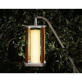 LÁMPARA SOLAR AURORA DE INTERIOR/EXTERIOR CON BASE BLANCA Y MADERA DE TECA (42.5×23×23cm)